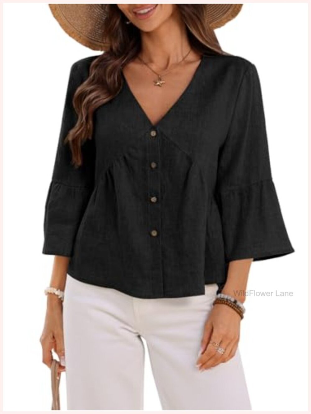 Women's 100% Linen Cropped Ruffle Peplum Top 3/4 Sleeve V-Neck Button Up Blouse